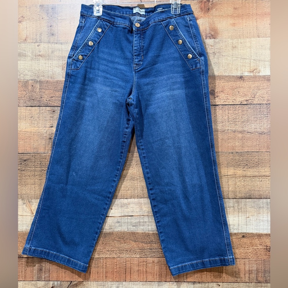 Nicole Miller Soho Wide Leg Cropped Blue Jeans with Metal Button Details Size 12